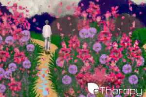 Path of healing. Person walks amid blossoming flowers - healthy relationships overcoming the impact of father issues