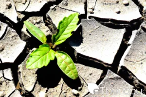 small plant emerging from dry land transforming adversity into personal growth