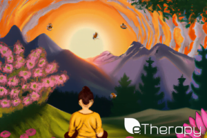 A person peacefully meditating, with flowers, bees, butterflies, trees around them. mountains in the distance and a beautiful sunset - Can Surrounding Yourself with Positivity Change Your Life