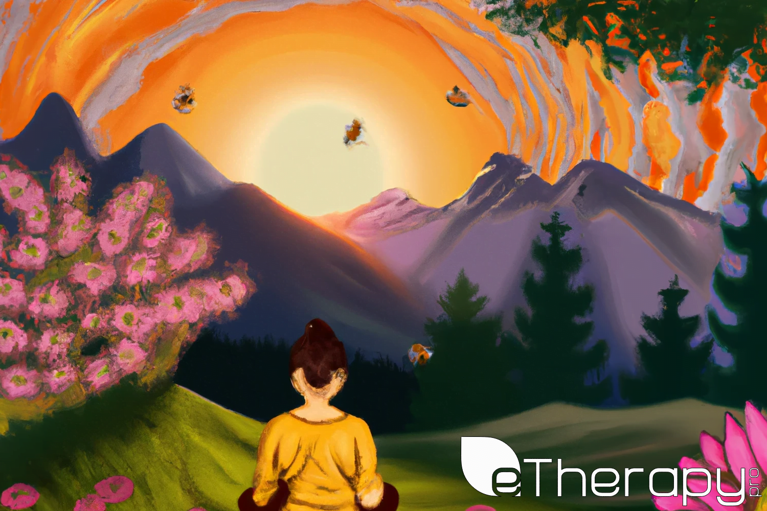 A person peacefully meditating, with flowers, bees, butterflies, trees around them. mountains in the distance and a beautiful sunset - Can Surrounding Yourself with Positivity Change Your Life
