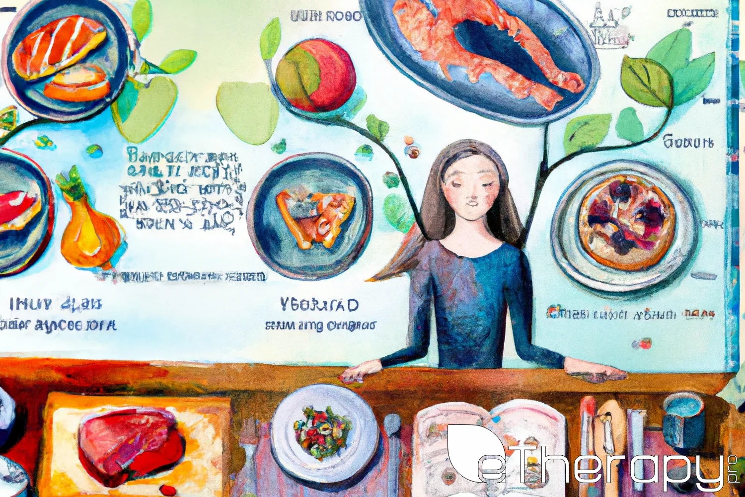 woman calmly dines at a wooden table adorned with brain-boosting foods: how does your diet influence your mental health