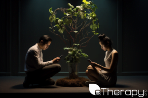 A couple sits deeply engrossed in their own devices - Did Social Media Rewrite the Rulebook of Relationships - eTherapyPro