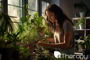 A young adult around 25, tending to a small indoor garden in their apartment - Need a Self-Care Strategy