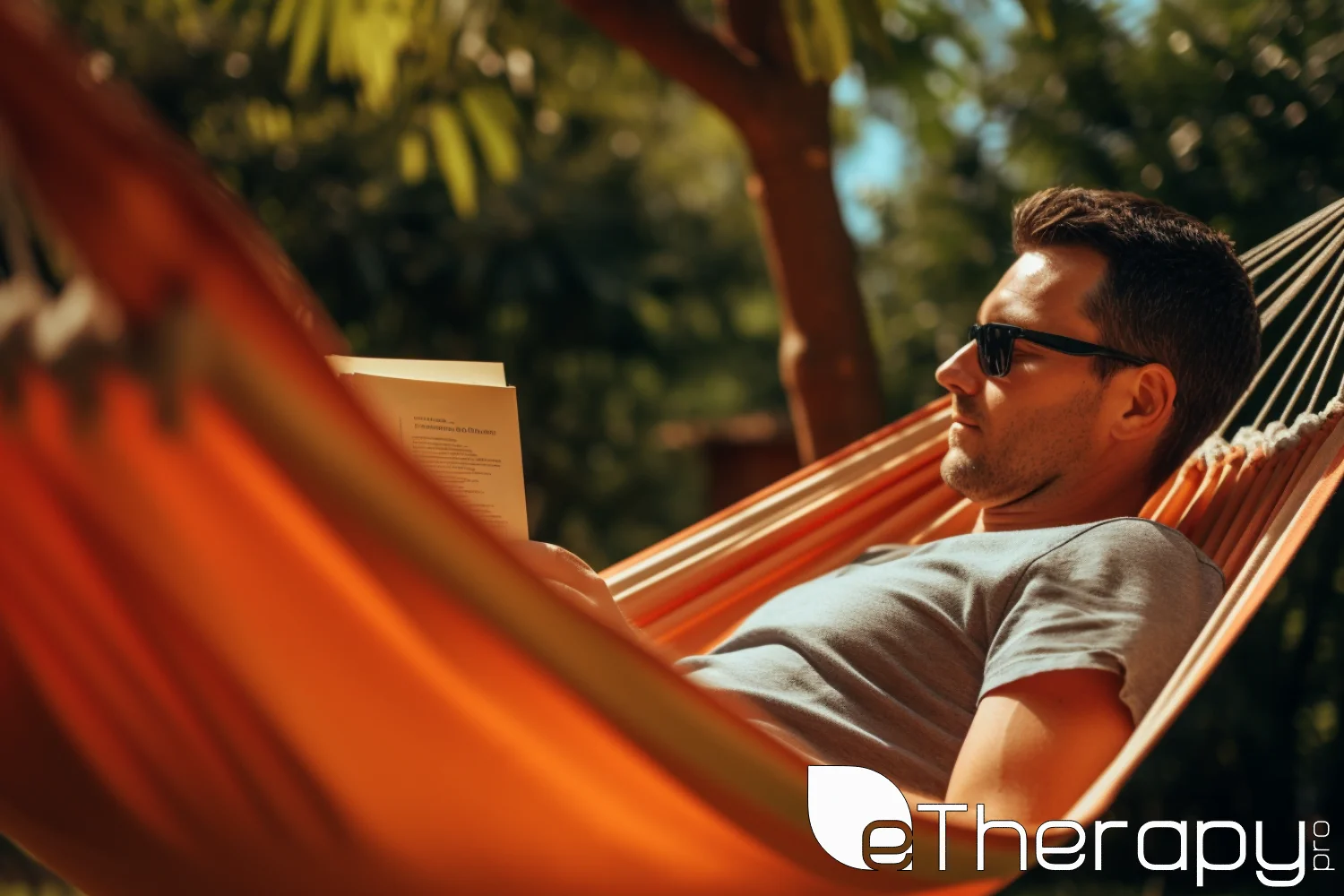 A mid-30s adult enjoying a book in a hammock in their backyard on a sunny afternoon - Tired of Being Stressed