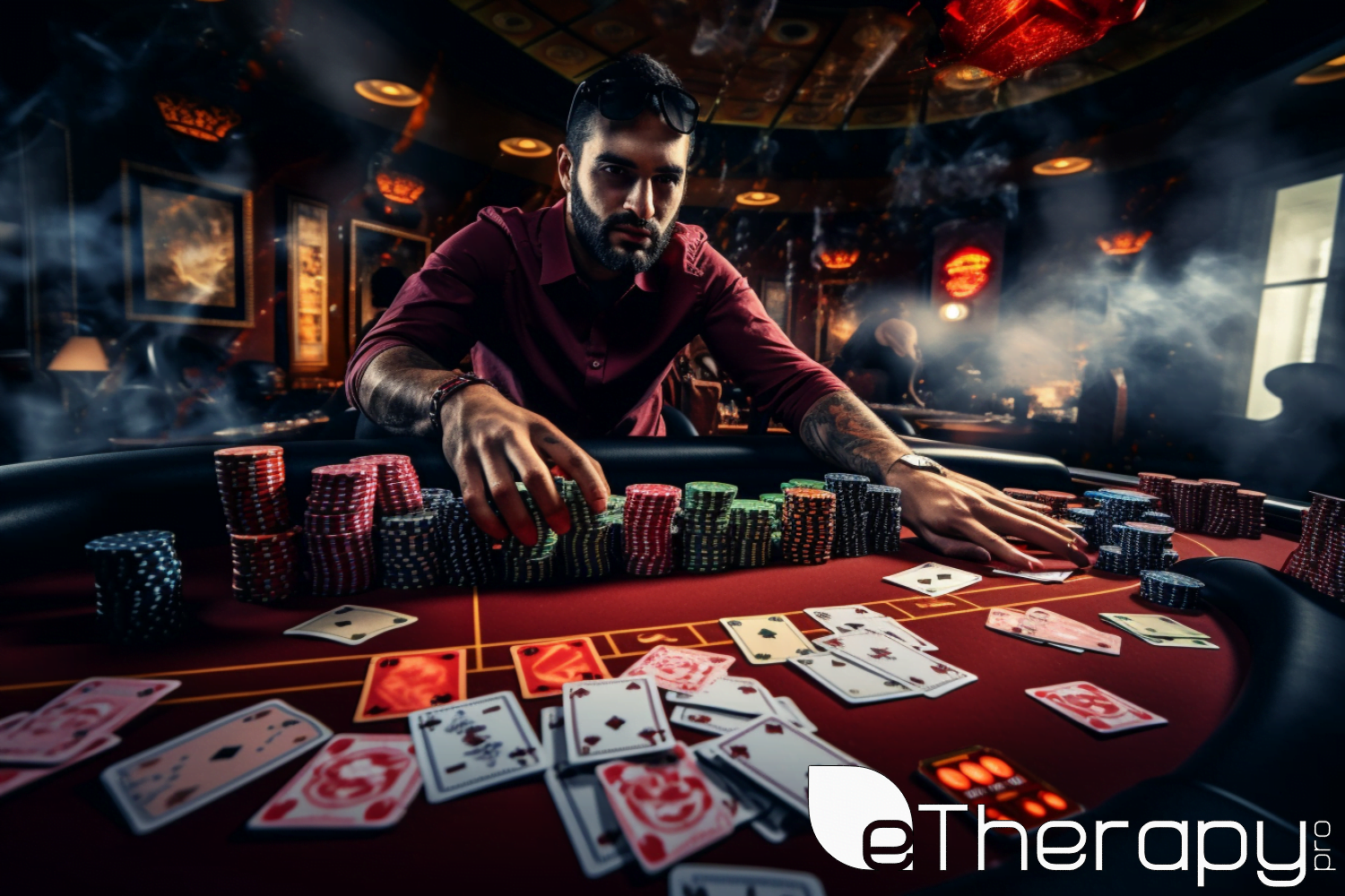 A person at a casino table, chips and cards spread out, capturing the moment of making a risky bet -
