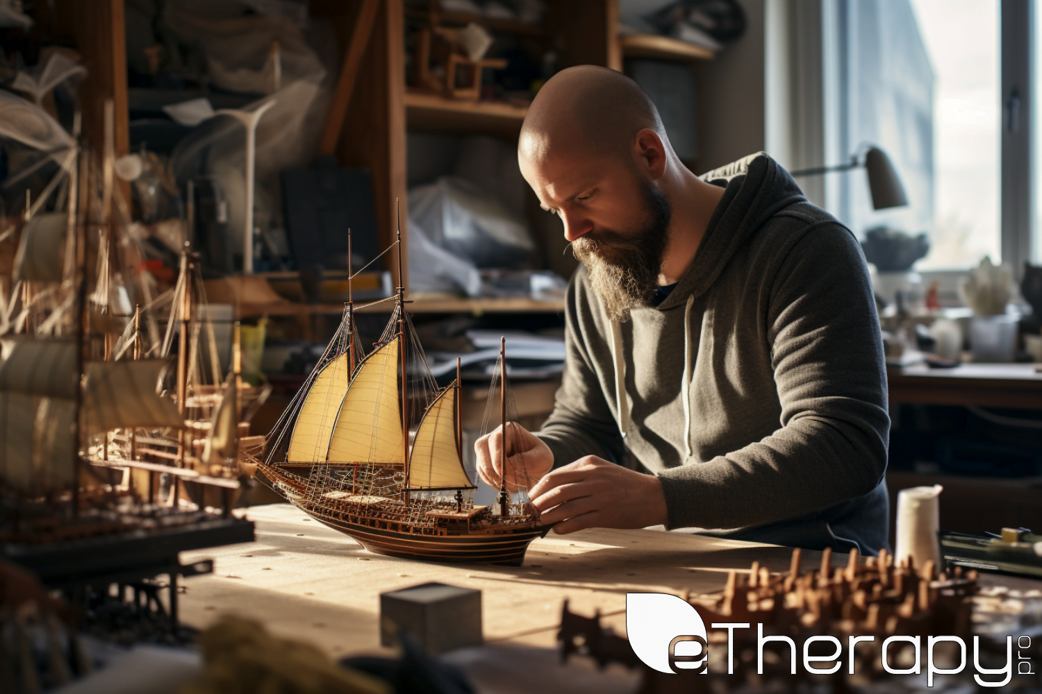 An individual in a quiet, sunlit room, assembling a complex model ship - Intermittent Anger Disorder