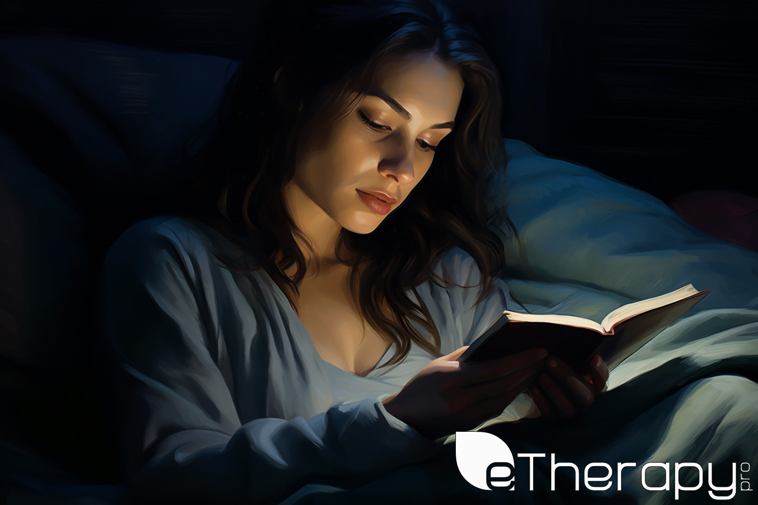 A woman in their mid-twenties wearing comfortable pajamas, reading a book in bed under soft lighting, as part of their nighttime routine - Why Can't I Sleep at Night 